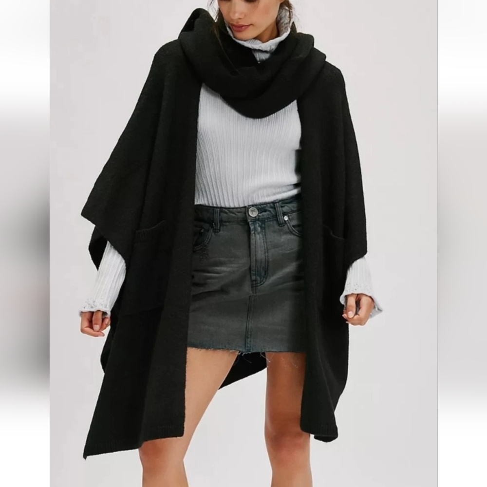 Free People Ellie Scarf Wrap Duster Sweater Kimono Knit Black Onesize